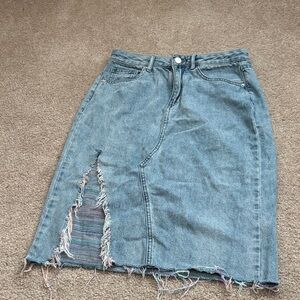 La Babite Distressed Denim Skirt- with colorful fringe